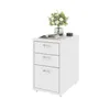 A white three-drawer filing cabinet with a book and a vase of flowers on top, isolated on a white background. Náhled obrázku produktu