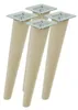 Four wooden furniture legs with metal mounting plates are arranged in a group against a white background.