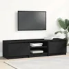 A black TV stand in a living room setting with a television mounted above it and a plant to the side. Voir les images du produit