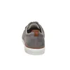 A rear view of a grey suede sneaker with brown leather accents and a white sole. Produktbild-Vorschau