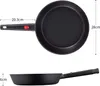 A top-down and side view of a black frying pan with dimensions indicated. Produktbild-Vorschau