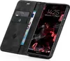 A black flip case for a Huawei P20 Lite phone, shown open with the phone screen displaying a wallpaper and the time. Produktbild-Vorschau