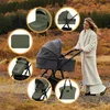 A woman pushing a stroller in an outdoor autumn setting, with several close-up circular insets showing different parts and accessories of the stroller. Produktbild-Vorschau