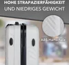 Close-up of a white suitcase with text overlays highlighting features. Produktbild-Vorschau