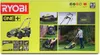 A collage of images showcasing a Ryobi One+ 18V cordless lawnmower, including product shots, close-ups of features, and a lifestyle shot of someone using it. Produktbild-Vorschau