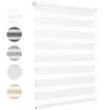 A white roller blind with horizontal stripes of sheer and opaque fabric, displayed on a white background. Several circular swatches of different blind colors and patterns are shown to the left.