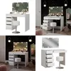 Collage of four images showing a white high-gloss vanity table with LED lighting and a stool, in different settings and close-ups. Produktbild-Vorschau