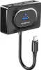 A black USB hub with a USB-C cable attached, shown against a white background. Produktbild-Vorschau