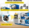 A close-up marketing image of a blue mini lathe machine, showcasing its features with overlaid text and diagrams. Produktbild-Vorschau