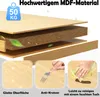 A diagram showing the layered construction of MDF material, with three inset images demonstrating product features: a smooth surface, scratch resistance, and ease of cleaning. Produktbild-Vorschau