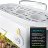 A close-up shot of an egg cooker with a promotional overlay discussing energy efficiency and environmental friendliness, juxtaposed with an image of coins with plants growing from them. Podgląd zdjęcia produktu