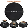 A collage showing a large round black mat with dimensions, and three smaller circular mats with grills on them. Produktbild-Vorschau