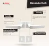 Marketing image showcasing a white door handle set with descriptive text highlighting its features and benefits. Produktbild-Vorschau