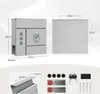 A diagram showing the dimensions of a gray mailbox, along with its accessories. Produktbild-Vorschau