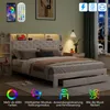 A bedroom scene featuring a white upholstered bed with LED lighting and storage drawers, set against a light green wall with a window showing a city skyline at night. Produktbild-Vorschau