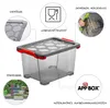 A clear plastic storage box with red handles, shown with various callouts highlighting its features. Produktbild-Vorschau