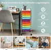 A collage showing a rolling storage cart with colorful drawers in an office setting, and smaller images depicting the cart's use in a bathroom, living room, and a salon. Anteprima dell’immagine prodotto