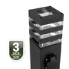A black outdoor bollard light with clear glass panels and an integrated electrical outlet. Produktbild-Vorschau