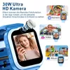 A close-up of a blue smartwatch with a camera, showing various features like camera, video, and album through inset images and text. Produktbild-Vorschau