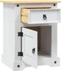 A white wooden nightstand with a drawer and a cabinet door open. Produktbild-Vorschau