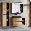 A modern bathroom vanity set with a tall cabinet and a wall-mounted vanity with a sink and mirror. Produktbild-Vorschau