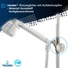 A close-up of a shower head holder on a shower rod, with text and logos in the background and foreground. Produktbild-Vorschau
