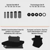 The image displays different accessories and features of an oscillating spindle sander, including spindle sets, table inserts, and two types of tables (stable aluminum and compact). Podgląd zdjęcia produktu