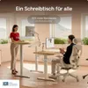 Two people using height-adjustable desks in a modern office setting with large windows. Voir les images du produit