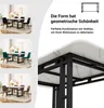 Collage of dining table setups with different chair colors and a close-up of the table's marble-patterned surface and black metal legs. Produktbild-Vorschau