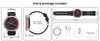 Collage of images showing the dimensions and package contents of a smartwatch. Produktbild-Vorschau