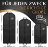 Three black garment bags of different sizes are displayed side-by-side, with measurements indicated. Text overlays provide marketing information. Produktbild-Vorschau