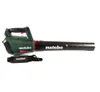 A Metabo LB 18 LTX BL cordless leaf blower is shown against a white background, with a shoulder strap accessory placed in front of it. Podgląd zdjęcia produktu