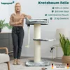 A woman stands next to a cat tree, with product specifications listed. Produktbild-Vorschau