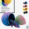 A 3D printed dragon egg with a dragon emerging from it, shown in various color options and with descriptive text. Produktbild-Vorschau