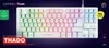 A white gaming keyboard with multicolor LED lighting is displayed against a dark purple background, with various marketing text and icons around it. Produktbild-Vorschau
