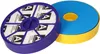 Two vacuum cleaner filters, one purple with white HEPA filter material, and one blue and yellow foam filter. Produktbild-Vorschau