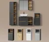 A collection of modern bathroom furniture in anthracite and oak finishes, including a tall cabinet, a vanity unit with a sink, a wall cabinet with mirrors, and a side cabinet. Below are four smaller, standalone cabinets in various colors and finishes. Voir les images du produit