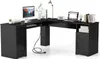 A black L-shaped desk with a computer, laptop, lamp, and decorative items. Anteprima dell’immagine prodotto