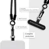 A close-up view of a black lanyard with various attachments and descriptive text boxes highlighting its features. Produktbild-Vorschau