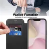 A person's hand is shown inserting credit cards into a black wallet-style phone case, next to a smartphone. Produktbild-Vorschau