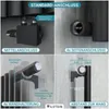 A collage of four images showing different aspects of a black radiator, including connection types, wall mounting, and distance from the wall. Produktbild-Vorschau