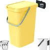 A yellow bucket with a lid and handle is shown, with a small illustration of a measuring jug and a weight icon attached to the side. Produktbild-Vorschau