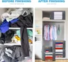 A split image showing a disorganized closet on the left and an organized closet with storage bags on the right. Produktbild-Vorschau
