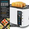 A toaster with toast in it, next to a graphic explaining its features. Produktbild-Vorschau