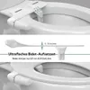A bidet attachment for a toilet seat is shown in close-up and with a diagram illustrating its thin profile. Produktbild-Vorschau