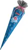 A blue cone-shaped school bag with a mermaid design and a gray drawstring closure. Náhled obrázku produktu