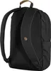 The back view of a black backpack with a brown leather handle and a small circular logo. Anteprima dell’immagine prodotto