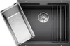 A top-down view of a black granite composite sink with a stainless steel insert. Produktbild-Vorschau