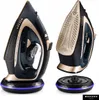A cordless steam iron and its charging base are displayed against a white background. Produktbild-Vorschau