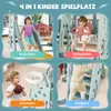 A collage of four images showcasing a children's playground set with different activities: sliding, swinging, shooting a basketball, and climbing. Anteprima dell’immagine prodotto